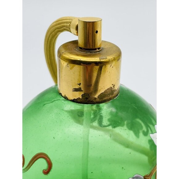 VTG PERFUME ATOMIZER EMERALD GREEN GLASS GOLD ACCENT FLOWERS CZECHOSLOVAKIA - Picture 6 of 7